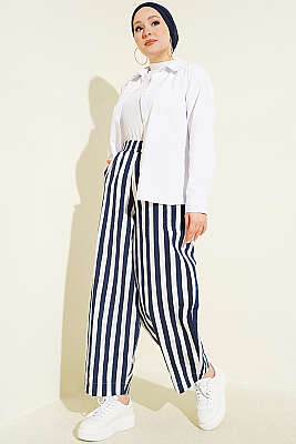 Bel Lastikli Çizgili Poplin Pantolon Lacivert - Pantolon
