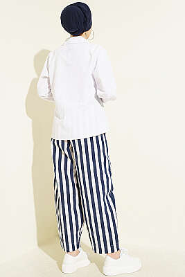 Bel Lastikli Çizgili Poplin Pantolon Lacivert - Pantolon