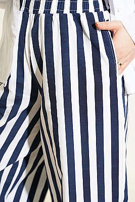 Bel Lastikli Çizgili Poplin Pantolon Lacivert - Pantolon