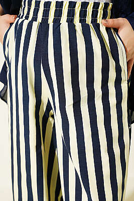 Bel Lastikli Çizgili Poplin Pantolon Sarı - Pantolon