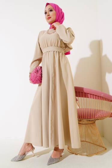 Bel Lastikli Dabıl Mevlana Elbise Bej - Elbise
