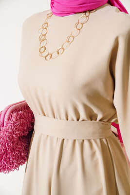 Bel Lastikli Dabıl Mevlana Elbise Bej - Tesettür Elbise