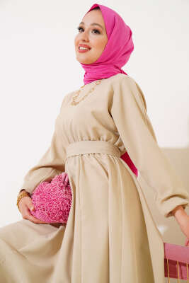 Bel Lastikli Dabıl Mevlana Elbise Bej - Tesettür Elbise