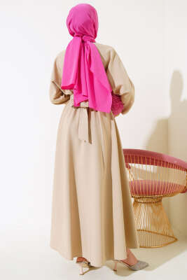 Bel Lastikli Dabıl Mevlana Elbise Bej - Tesettür Elbise