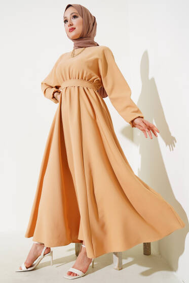 Bel Lastikli Dabıl Mevlana Elbise Latte - Elbise
