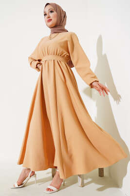 Bel Lastikli Dabıl Mevlana Elbise Latte - Tesettür Elbise