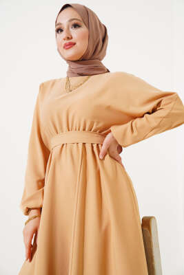 Bel Lastikli Dabıl Mevlana Elbise Latte - Tesettür Elbise