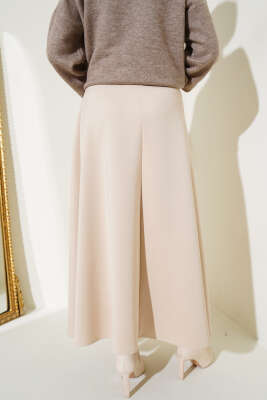 Bel Lastikli Dalgıç Etek Bej - Uzun Etek