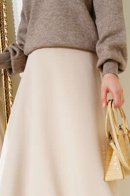 Bel Lastikli Dalgıç Etek Bej - Uzun Etek