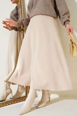 Bel Lastikli Dalgıç Etek Bej - Uzun Etek