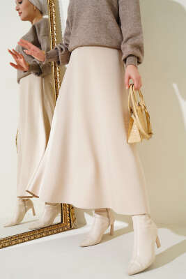 Bel Lastikli Dalgıç Etek Bej - Uzun Etek
