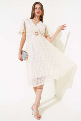 Bel Lastikli Dantel Elbise Krem - Kadın Giyim Modelleri