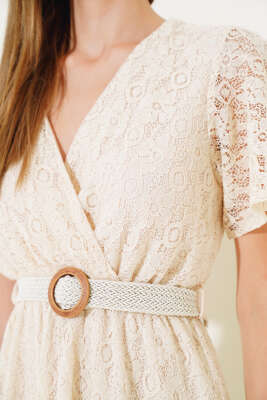 Bel Lastikli Dantel Elbise Krem - Kadın Giyim Modelleri