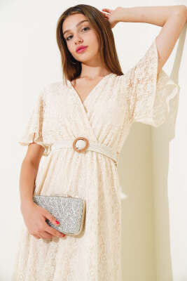Bel Lastikli Dantel Elbise Krem - Kadın Giyim Modelleri