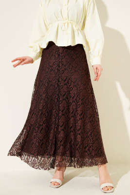 Bel Lastikli Dantelli Kloş Etek Kahve - ESTELLE
