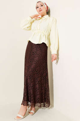 Bel Lastikli Dantelli Kloş Etek Kahve - Etek