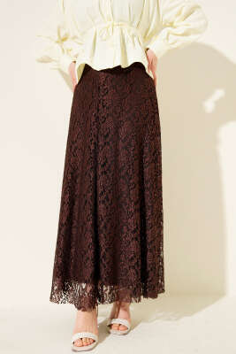 Bel Lastikli Dantelli Kloş Etek Kahve - Etek