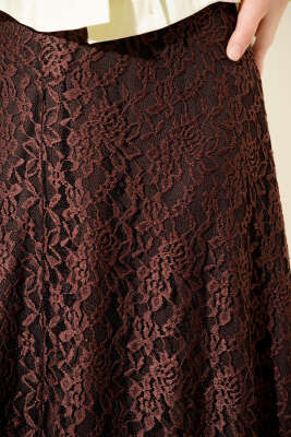 Bel Lastikli Dantelli Kloş Etek Kahve - Etek