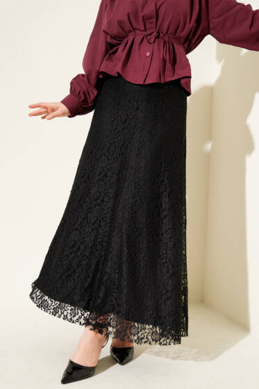 Bel Lastikli Dantelli Kloş Etek Siyah - Etek