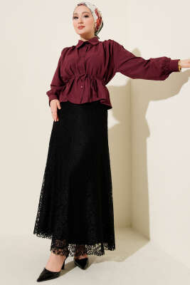 Bel Lastikli Dantelli Kloş Etek Siyah - Etek