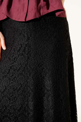 Bel Lastikli Dantelli Kloş Etek Siyah - Etek