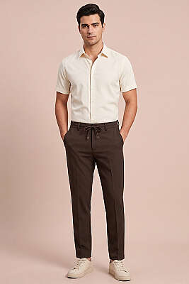 Bel Lastikli Dar Paça Erkek Kumaş Pantolon Acı Kahve - Erkek Pantolon