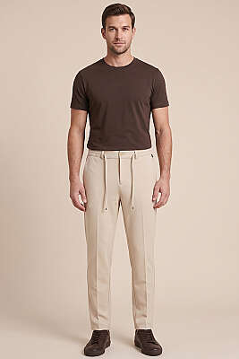 Bel Lastikli Dar Paça Erkek Kumaş Pantolon Bej - Erkek Pantolon