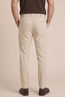 Bel Lastikli Dar Paça Erkek Kumaş Pantolon Bej - Erkek Pantolon