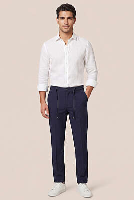 Bel Lastikli Dar Paça Erkek Kumaş Pantolon Lacivert - Erkek Pantolon