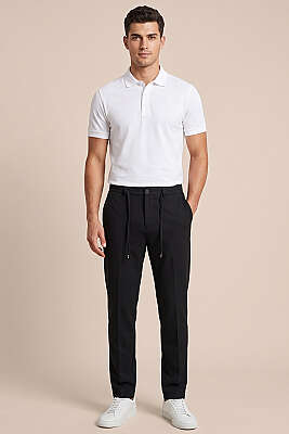 Bel Lastikli Dar Paça Erkek Kumaş Pantolon Siyah - Erkek Pantolon