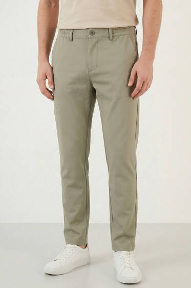 Bel Lastikli Dar Paça Erkek Pantolon Haki - Erkek Pantolon