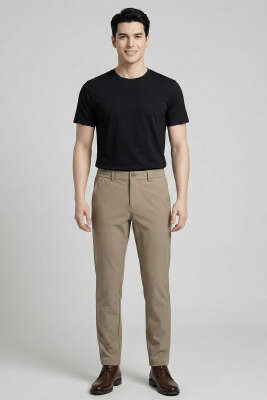 Bel Lastikli Dar Paça Erkek Pantolon Kahve - Erkek Pantolon