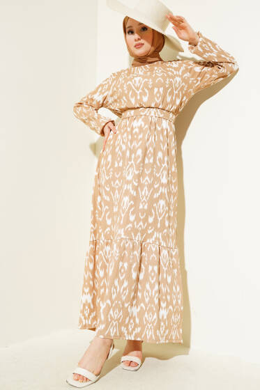 Bel Lastikli Desenli Bürümcük Elbise Bej - Elbise