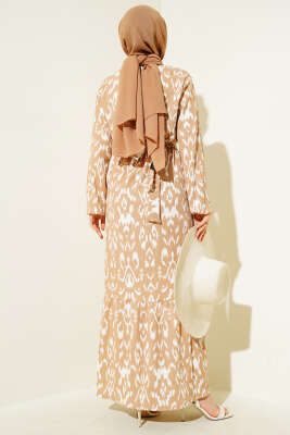 Bel Lastikli Desenli Bürümcük Elbise Bej - Tesettür Elbise