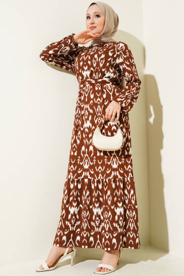 Bel Lastikli Desenli Bürümcük Elbise Kahve - Elbise
