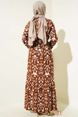 Bel Lastikli Desenli Bürümcük Elbise Kahve - Tesettür Elbise