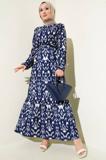 Bel Lastikli Desenli Bürümcük Elbise Lacivert - Elbise