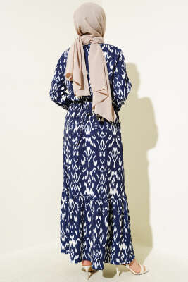 Bel Lastikli Desenli Bürümcük Elbise Lacivert - Tesettür Elbise