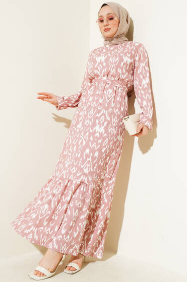 Bel Lastikli Desenli Bürümcük Elbise Pudra - Elbise