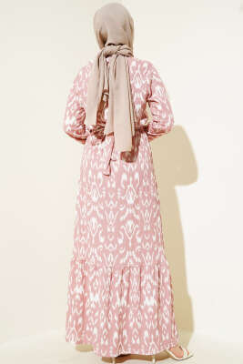 Bel Lastikli Desenli Bürümcük Elbise Pudra - Tesettür Elbise