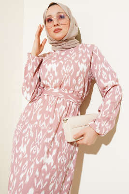 Bel Lastikli Desenli Bürümcük Elbise Pudra - Tesettür Elbise