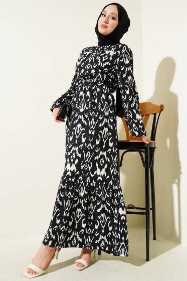 Bel Lastikli Desenli Bürümcük Elbise Siyah - Elbise