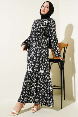 Bel Lastikli Desenli Bürümcük Elbise Siyah