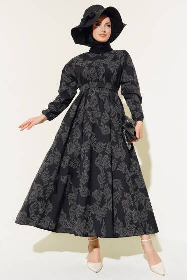 Bel Lastikli Desenli Elbise Siyah - Elbise