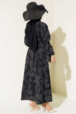 Bel Lastikli Desenli Elbise Siyah - Tesettür Elbise