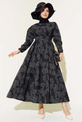 Bel Lastikli Desenli Elbise Siyah