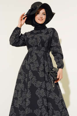 Bel Lastikli Desenli Elbise Siyah - Tesettür Elbise