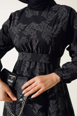 Bel Lastikli Desenli Elbise Siyah - Tesettür Elbise