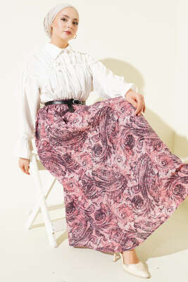 Bel Lastikli Desenli Kemerli Etek Gül Kurusu - Etek