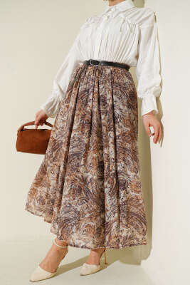 Bel Lastikli Desenli Kemerli Etek Kahve - ASME